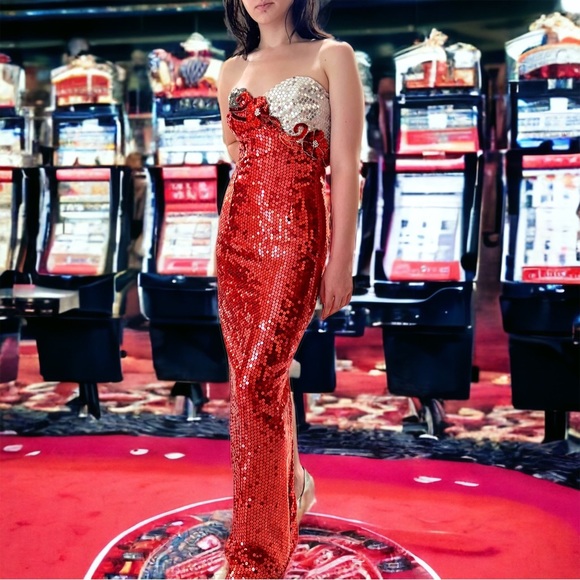 Vintage Las Vegas Alyce Designs Red Sequin Evening Gown Strapless 1980-1990s - Picture 2 of 16